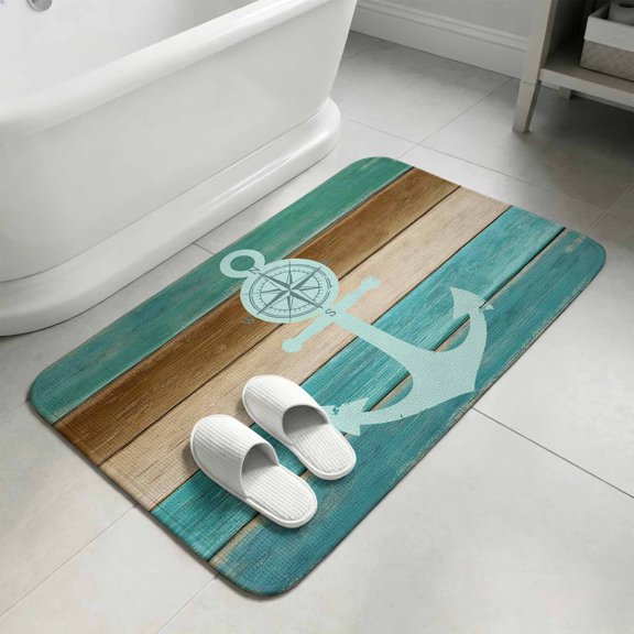 Teal Blue Anchor Bathroom Rugs Non Slip Washable Bath Mat Absorbent Front Door Mat Nautical Coastal Ocean Wooden Retro Art Indoor Doormat for Kitchen Entryway Shower Decor Accessories 19.7"x31.5"