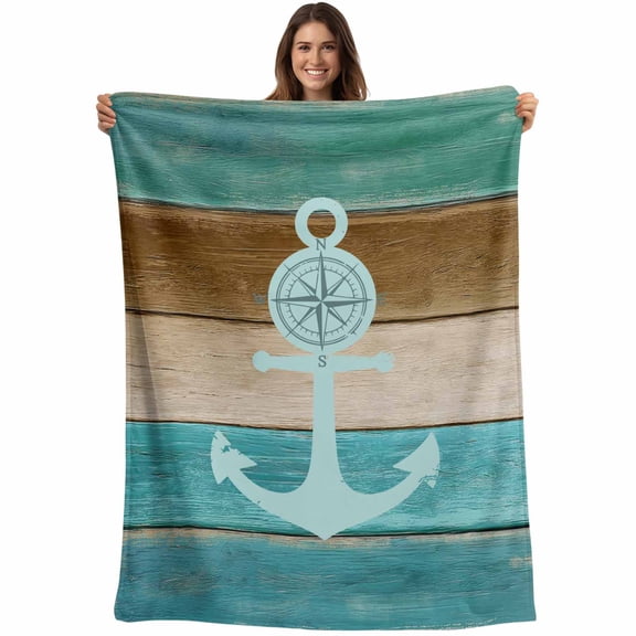 Teal Blue Anchor Blanket Soft Cozy Warm Throw Blanket for Couch, Plush Fuzzy Flannel Fleece Blankets for Sofa, Nautical Coastal Ocean Wooden Retro Art Bed Blankets Lightweight Gifts for Men, 30"x40"