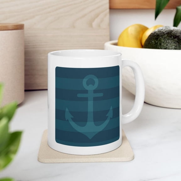 Teal Blue Anchor Ceramic Mug, Nautil Coffee Cup, Maritime Tea Mug, Ocean Theme Drinkware, Beach House Kitchen Dr.