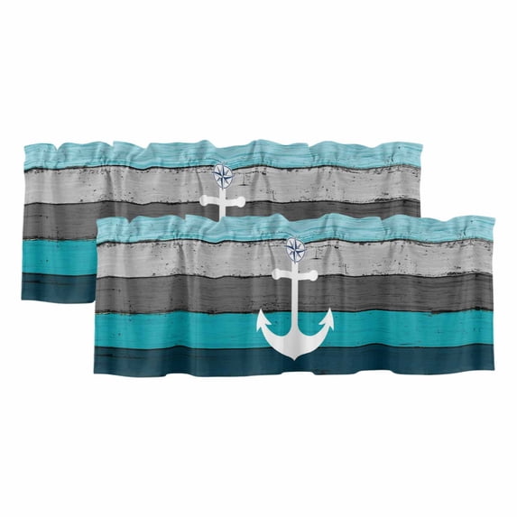 Teal Blue Anchor Coastal Curtain Valances for Windows, Kitchen Valance Window Treatments Panel 2 Pack, Nautical Vintage Art Wooden Grey Rod Pocket Short Curtains for Bathroom Bedroom 60 x 18 Inch