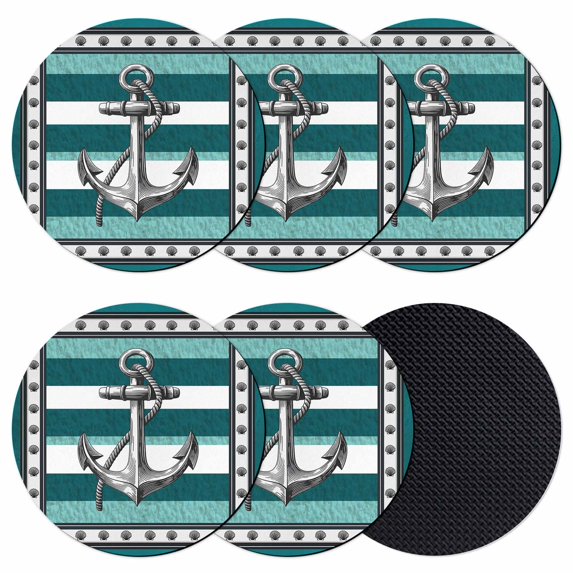 Teal Blue Anchor Coasters Set of 6, Absorbent Coasters for Drinks, Nautical Summer Beach Coastal Ocean Coaster for Desk Coffee Table Protection, Home Decor House Warming Gifts 4"