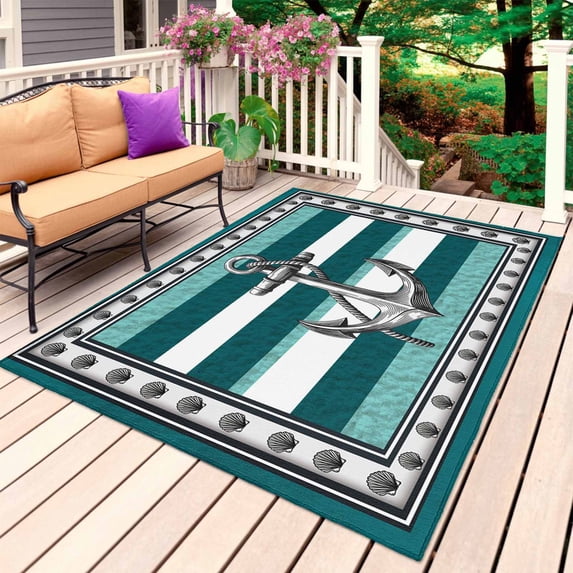Teal Blue Anchor Outdoor Rug 3x5 Ft, Non Slip Washable Area Rug, Nautical Summer Beach Coastal Ocean Patio Rugs Carpet Runner, Large Floor Mat for Indoor/Outdoor Deck Porch Camping