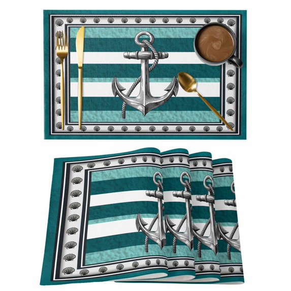 Teal Blue Anchor Placemats Set of 12, Nautical Summer Beach Coastal Ocean Placemats for Dining Table, Place Mats for Kitchen Tabletop, Waterproof Wipeable Dining Table Mats Set