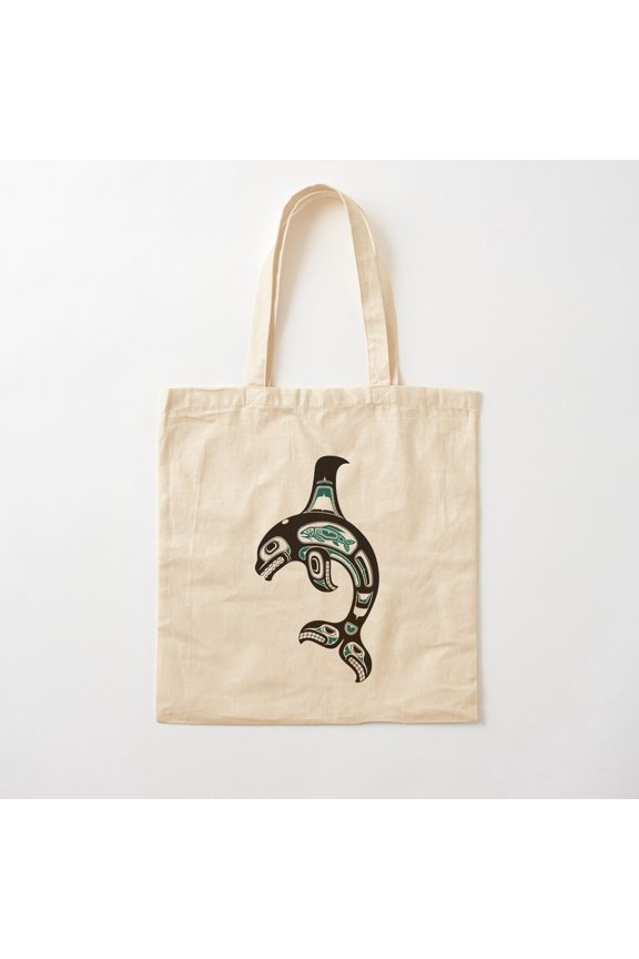 Teal Blue And Black Haida Spirit Killer Whale Canvas Tote Bags, Reusable Shopping Bag