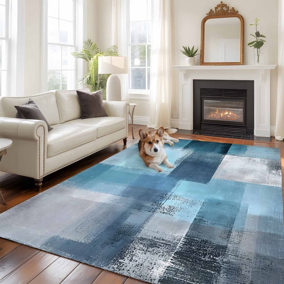 Teal Blue Area Rug 5x7 FT, Non Slip Bedroom Throw Carpet, Modern Oil Painting Abstract Ombre Geometric Washable Soft Floor Carpet Non-Shedding Rug for Dining Room Bedside Classroom Desk