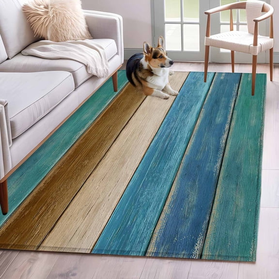 Teal Blue Area Rugs 4x6 ft Brown Wooden Board Gradient Farmhouse Country Washable Rug Non Slip Indoor Carpet Absorbent Floor Mat for Living Room Bedroom Dining Room