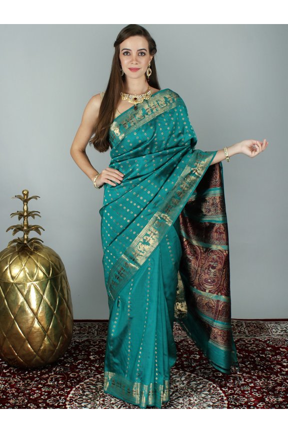 Teal-Blue Baluchari Silk Handloom Saree with Exquisite Zari Work