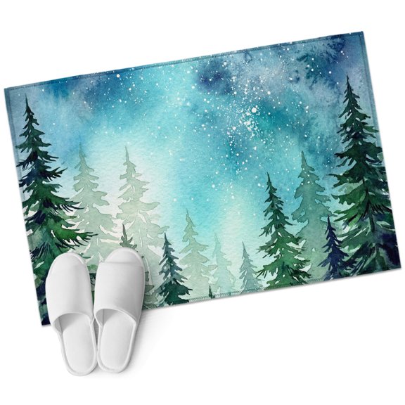 Teal Blue Bathroom Rug Washable 2x3 Entryway Rug Non Slip Green Pine Trees Forest Front Door Mat Low Pile Indoor Doormat Throw Floor Carpet for Kitchen Bedroom Entrance