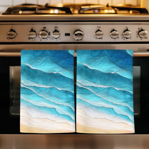 Teal Blue Beach Coastal Kitchen Towels Set of 3, Summer Nautical Seaside Ocean Ombre Absorbent Dish Towels for Kitchen, Microfiber Hand Towel, Quick Drying Tea Towel for Cleaning Dishcloths