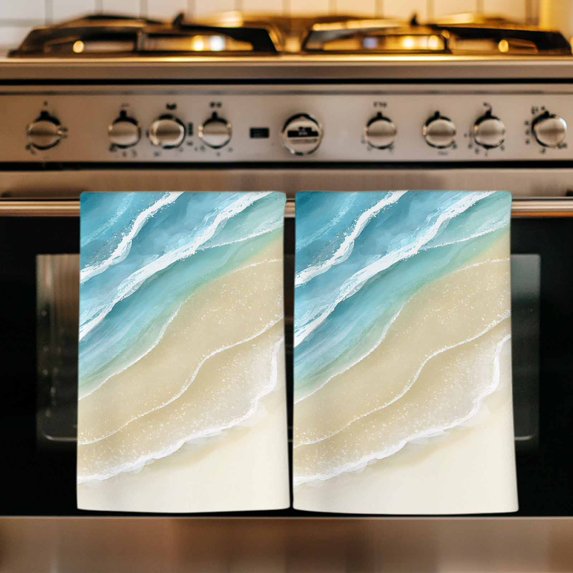 Teal Blue Beach Coastal Kitchen Towels Set of 4, Summer Ocean Nautical Seaside Absorbent Dish Towels for Kitchen, Microfiber Hand Towel, Quick Drying Tea Towel for Cleaning Decorative Dishcloths