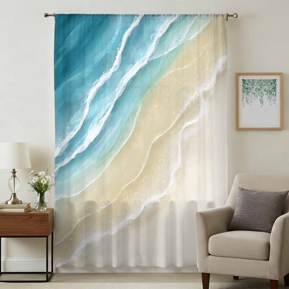 Teal Blue Beach Coastal Sheer Curtains 96 Inches Long, Summer Ocean Nautical Seaside Light Filering Curtains, Privacy Drapes Simi Floor to Veiling Curtain for Living Room Bedroom Window Treatment