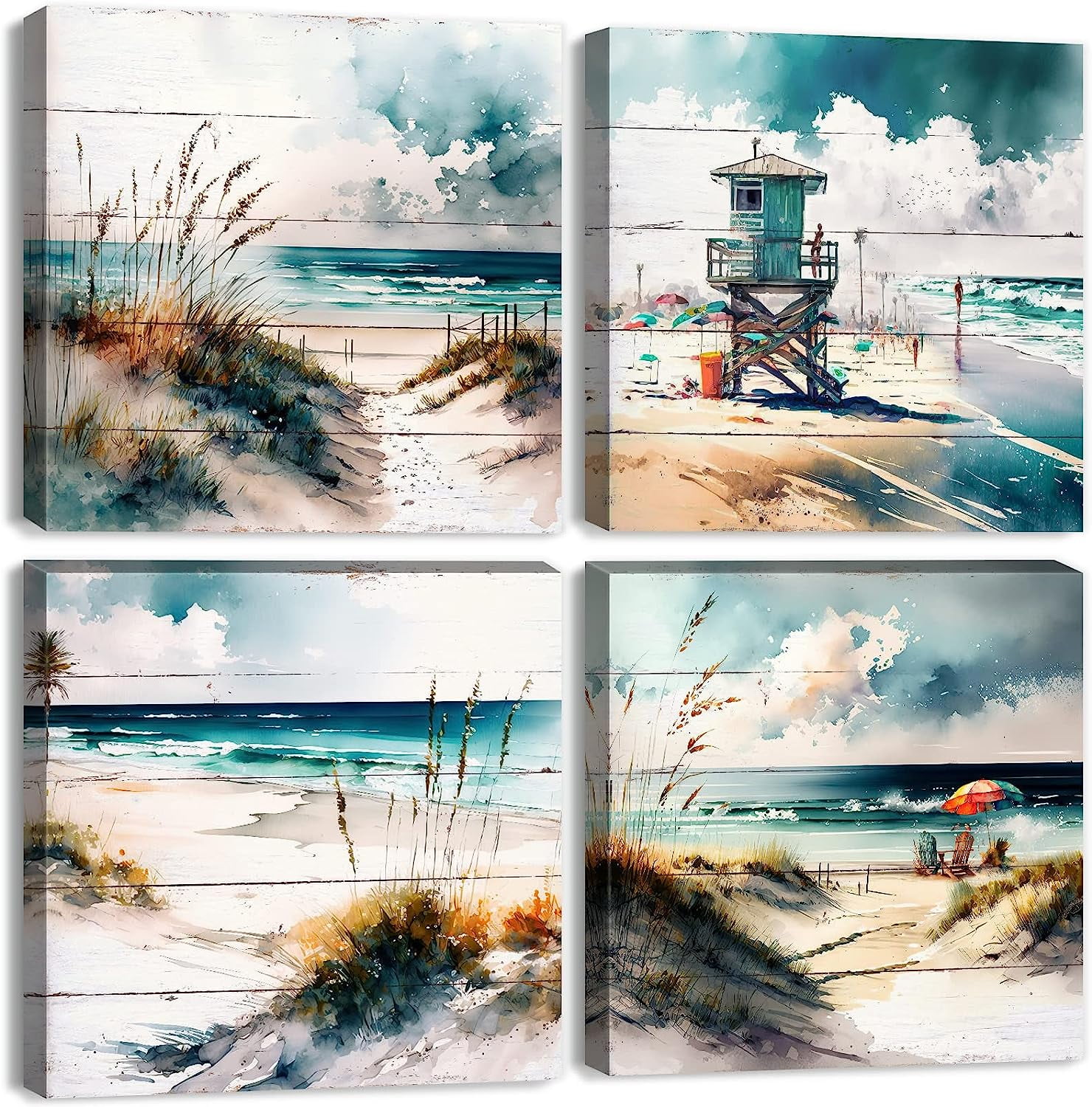 Teal Blue Beach Scenery Wall Art Vintage Beach Wall Decor for Bathroom