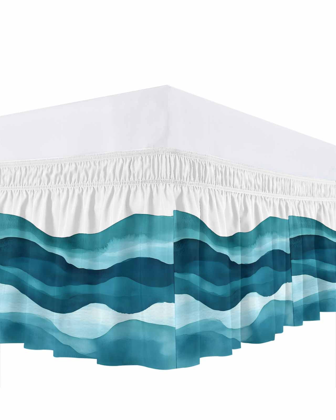 Teal Blue Bed Skirt Water Ripple Abstract Gradient Coean Waves Bed Skirts Queen Size 16 Inch Drop, Wrap Around Dust Ruffle&nbsp;Bedskirt with Adjustable Elastic Belt for Queen Size Beds