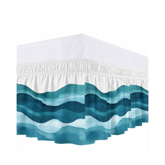 Teal Blue Bed Skirt Water Ripple Abstract Gradient Coean Waves Bed Skirts Queen Size 16 Inch Drop, Wrap Around Dust Ruffle Bedskirt with Adjustable Elastic Belt for Queen Size Beds