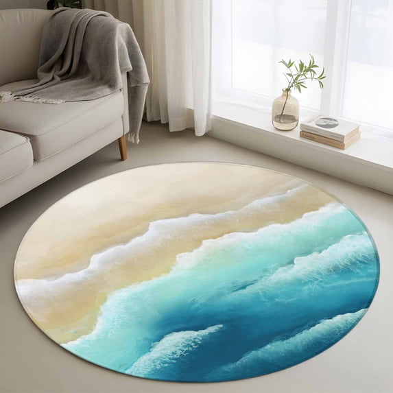 Teal Blue Beige Beach Round Living Room Rugs 3.3 ft, Abstract Gradient Sandy Ocean Waves Washable Area Rug with Non-Slip Sturdy Edge Binding Round Front Door Mat Floor Carpet for Entryway