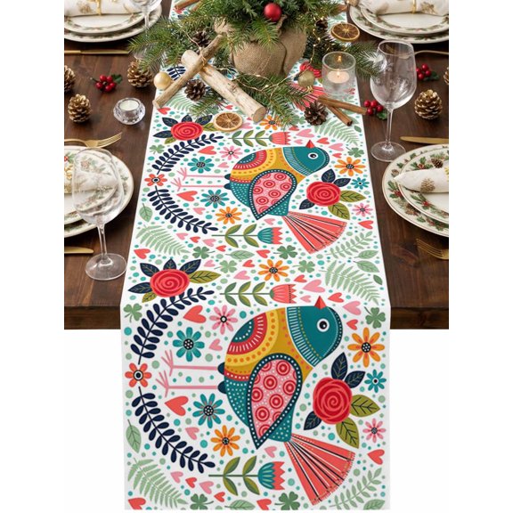 Teal Blue Birds Table Runner 36 Inches Long, Nordic Style Folk Art Bright Red Flowers Hearts Leaf Cotton Linen Dining Table Runner Dresser Scarves for Home Kitchen Party Decor 13"x36"