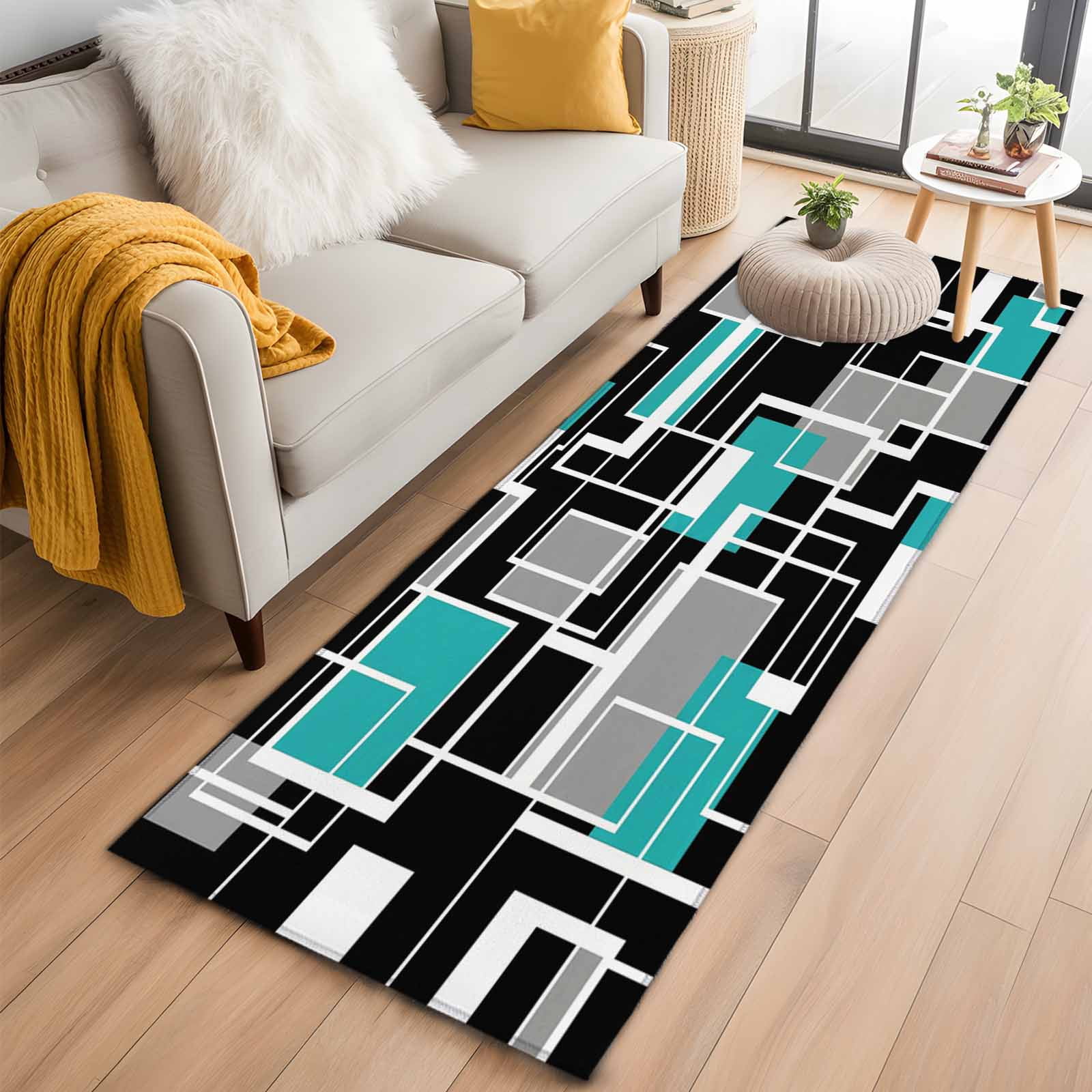 Teal Blue Black Geometric 2'x6' Runner Rugs for Hallway Kitchen Bedside Non Slip Washable, Modern Abstract Art Block Entryway Rug Runners with Rubber Backing, Long Carpet Runner for Laundry Room