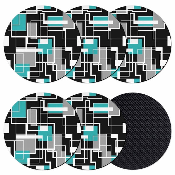 Teal Blue Black Geometric Coasters Set of 6, Absorbent Coasters for Drinks, Modern Abstract Art Block Coaster for Desk Coffee Table Protection, Home Decor House Warming Gifts 4"
