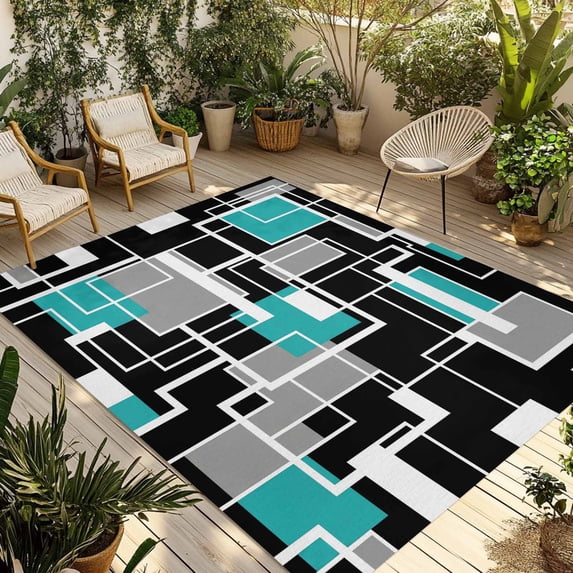 Teal Blue Black Geometric Outdoor Rug 3x5 Ft - Reversible Patio Rug Outdoor Camping Rugs, Modern Abstract Art Block Washable Indoor Outdoor Area Rugs, Non-Slip Outdoor Carpet Runner for Deck/Porch