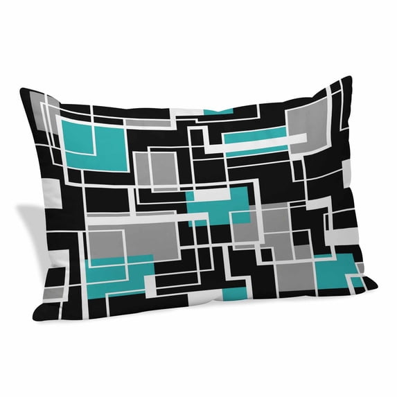 Teal Blue Black Geometric Pillow Covers, Linen Long Throw Pillow Case, Modern Abstract Art Block Holiday Pillow Protector Decorative Cushion Cover for Living Room/Bedroom 20" x 30"