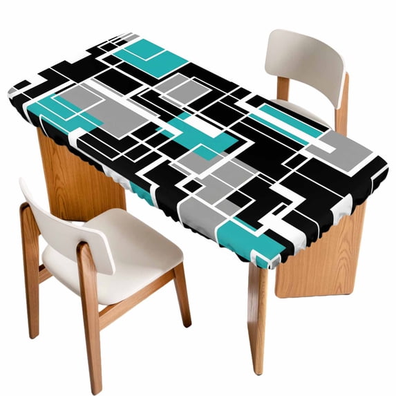 Teal Blue Black Geometric Table Cloths for 3 Foot Rectangle Tables, Modern Abstract Art Block Patio Waterproof Elastic Fitted Tablecloths, Washable Rectangular Table Cover for Camping