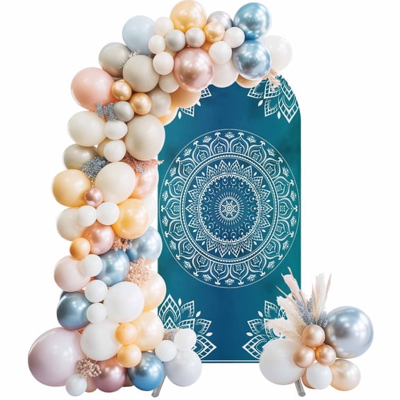 Teal Blue Boho Arch Backdrop Cover 6x2.6 Ft, Spandex Wedding Arch Stand Cover, Retro White Rustic Flower Ethnic Pattern Round Top Stretch Fitted Background Covers for Birthday Ceremony Party Decor