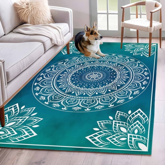 Teal Blue Boho Area Rug 3x5 FT, Non Slip Entryway Bedside Carpet, Retro White Rustic Flower Ethnic Pattern Washable Soft Floor Carpet Indoor Mat Non-Shedding Throw Rugs for Dorm Kitchen Home Office