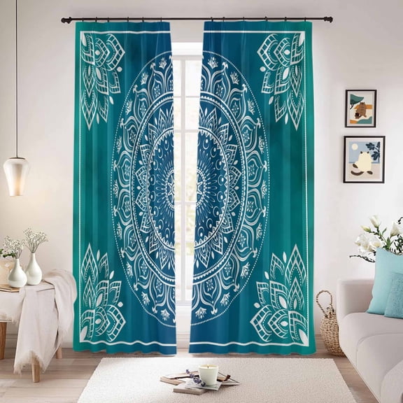 Teal Blue Boho Blackout Curtains for Bedroom/Living Room, Pinch Pleated Black Out Curtains, Retro White Rustic Flower Ethnic Pattern Room Darkening Window Drapes with Hooks 2 Panels, 39"x70"