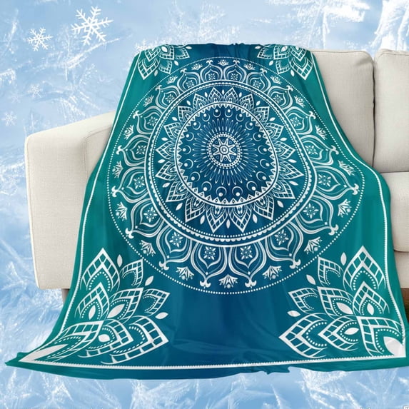 Teal Blue Boho Cooling Blanket,Lightweight Breathable Summer Throw Blanket with Double Sided Cold Effect,Retro White Rustic Flower Ethnic Pattern Picnic Blankets Bed Sheet for Hot Sleepers 40"x60"