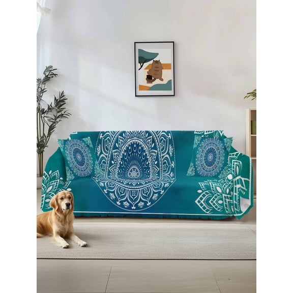 Teal Blue Boho Couch Cover Sofa Covers 3 Cushion Sectional Couch, Retro White Rustic Flower Ethnic Pattern Washable Sofa Covers Slipcover Sectional Sofa Cover, Furniture Protector 71"x150"