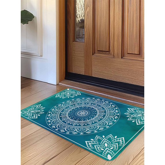 Teal Blue Boho Door Mat Indoor Outdoor Entrance, Non Slip Rug for Kitchen Bathroom Entryway Rug, Retro White Rustic Flower Ethnic Pattern Washable Doormat Floor Mat 24x36 Inch