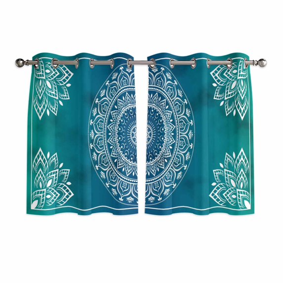 Teal Blue Boho Kitchen Curtains Short 54 Inch Length, Retro White Rustic Flower Ethnic Pattern Grommet Top Bedroom Living Room Curtains, Light Filtering Cafe Curtain Drapes 2 Panels Set 84''x54''