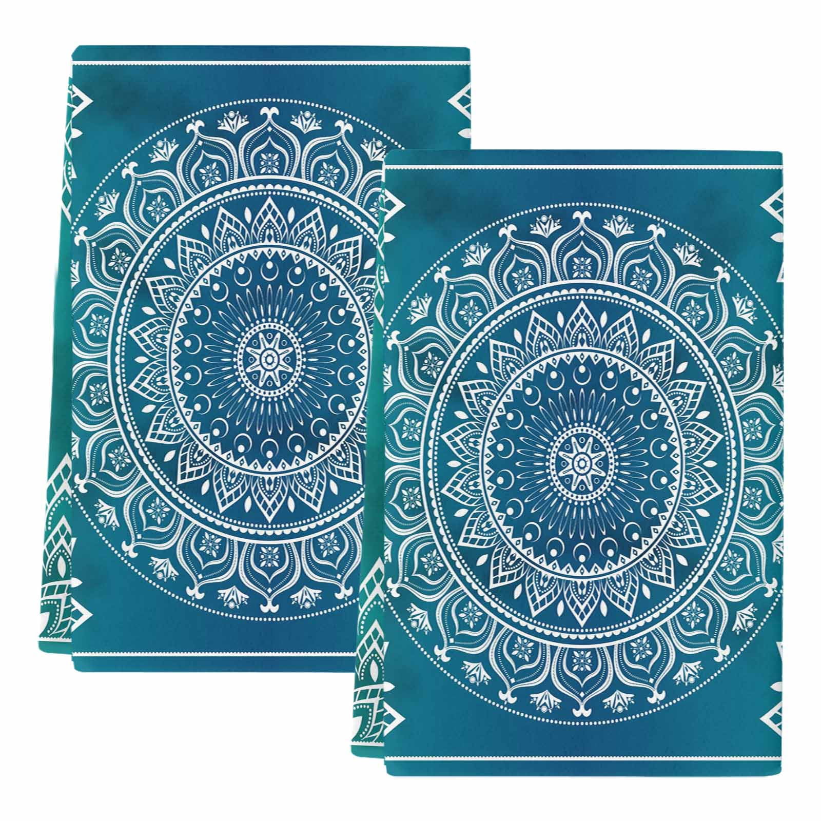 Teal Blue Boho Kitchen Towels Set of 2, Retro White Rustic Flower ...