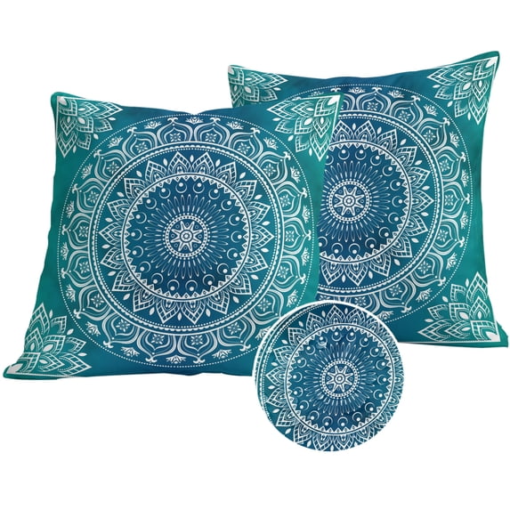 Teal Blue Boho Outdoor Pillow Covers 16x16 Set of 2,Waterproof Patio Throw Pillowcase Protectors,Retro White Rustic Flower Ethnic Pattern Decorative Pillow Shams Cushion Covers for Seat Bed Couch