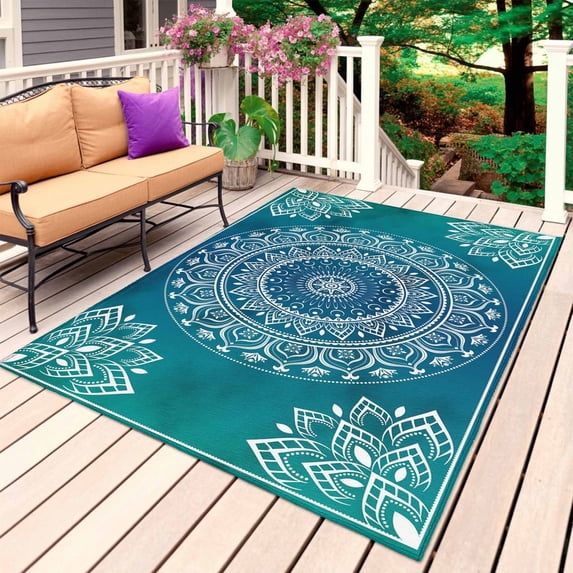 Teal Blue Boho Outdoor Rug for Patio/Deck/Porch, Non-Slip Large Area Rug 6 x 9 Ft, Retro White Rustic Flower Ethnic Pattern Indoor Outdoor Rugs Washable Area Rugs, Camping Rug Carpet Runner