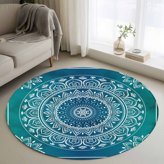 Teal Blue Boho Round Area Rug 4 FT, Non Slip Indoor Outdoor Rug, Retro White Rustic Flower Ethnic Pattern Washable Soft Circular Carpet Non-Shedding Floor Mat for Coffee Table Nursery Foyer Balcony