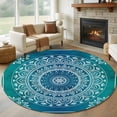 thumbnail image 1 of Teal Blue Boho Round Area Rug 5 FT, Non Slip Bedroom Rugs, Retro White Rustic Flower Ethnic Pattern Washable Soft Circular Carpet Non-Shedding Floor Mat for Kitchen Dining Room Foyer Balcony Dorm, 1 of 8