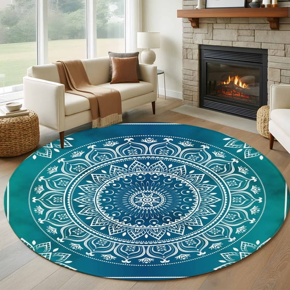 Teal Blue Boho Round Area Rug 6 FT, Non Slip Bedroom Rugs, Retro White Rustic Flower Ethnic Pattern Washable Soft Circular Carpet Non-Shedding Floor Mat for Kitchen Dining Room Home Office Kids Room