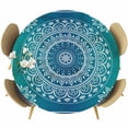 thumbnail image 1 of Teal Blue Boho Round Tablecloth, Fitted Table Cover with Elastic for 55"-60" Round Tables, Retro White Rustic Flower Ethnic Pattern Table Cloth Outdoor Indoor Dinning Party Waterproof Tablecloths, 1 of 7