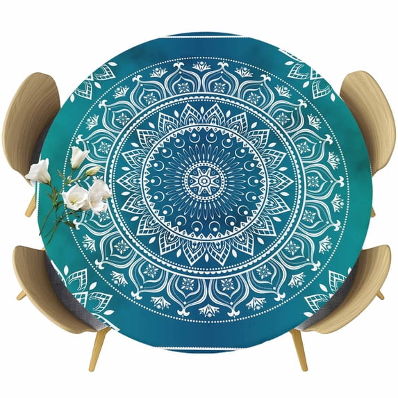 Teal Blue Boho Round Tablecloth, Fitted Table Cover with Elastic for 55"-60" Round Tables, Retro White Rustic Flower Ethnic Pattern Table Cloth Outdoor Indoor Dinning Party Waterproof Tablecloths