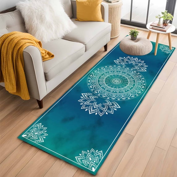 Teal Blue Boho Runner Rug 2x6 FT,Non Slip Hallway Rugs,Retro White Rustic Flower Ethnic Pattern Washable Soft Floor Carpet Throw Runner Carpet Long Rugs for Entryway Kitchen Bedside Sliding Door