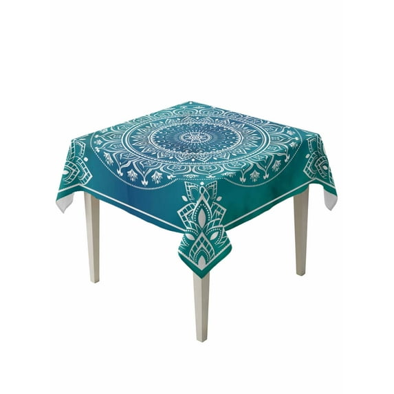 Teal Blue Boho Table Cloth, Retro White Rustic Flower Ethnic Pattern Waterproof Tablecloth for Square Tables, Reusable Washable Fabric Table Cover for Restaurant Kitchen Dining Tables 60"x60"