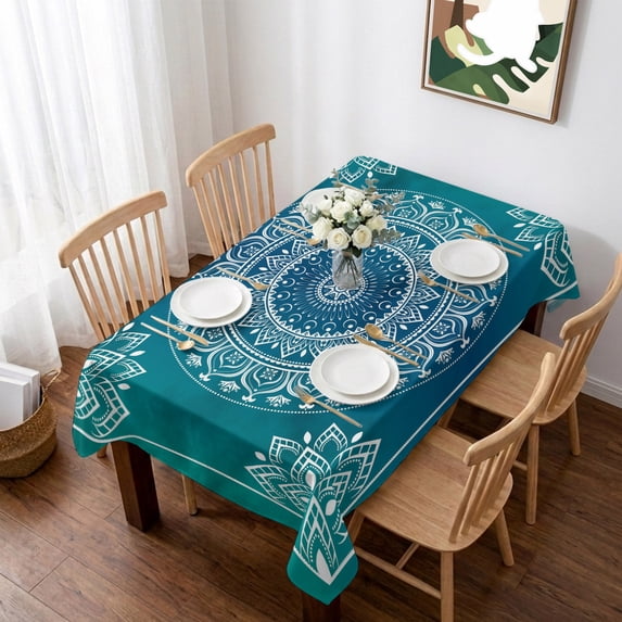 Teal Blue Boho Table Cloth Waterproof Tablecloths, Retro White Rustic Flower Ethnic Pattern Tablecloth Dining Table Cover for Kitchen Party Tabletop Outdoor, Rectangle Tablecloth 52x70 Inch