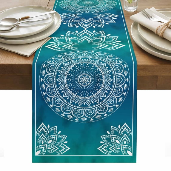 Teal Blue Boho Table Runner - 60 Inch Long, Kitchen Dining Table Runner Dresser Scarves, Retro White Rustic Flower Ethnic Pattern Farmhouse Decor for Coffee Tables Wedding Party Banquet