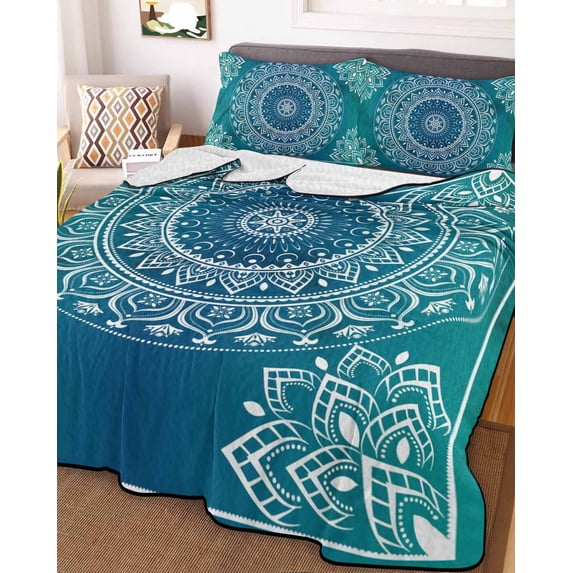 Teal Blue Boho Twin Size Down Alternative Comforter, Lightweight Comforter Quilt Bedding Set with Pillow Shams Retro White Rustic Flower Ethnic Pattern All Seasons Bed Comforter Duvet Insert 68"x86"