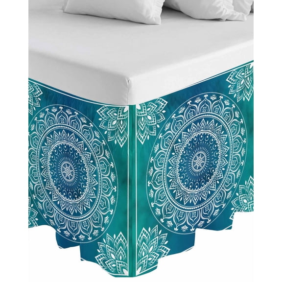 Teal Blue Boho Wrap Around Bed Skirts for Queen Bed 18" Drop,Bed Skirt with Adjustable Elastic Belt Dust Ruffle Bed Valance for Bedroom Hotel Retro White Rustic Flower Ethnic Pattern Bed Frame Cover
