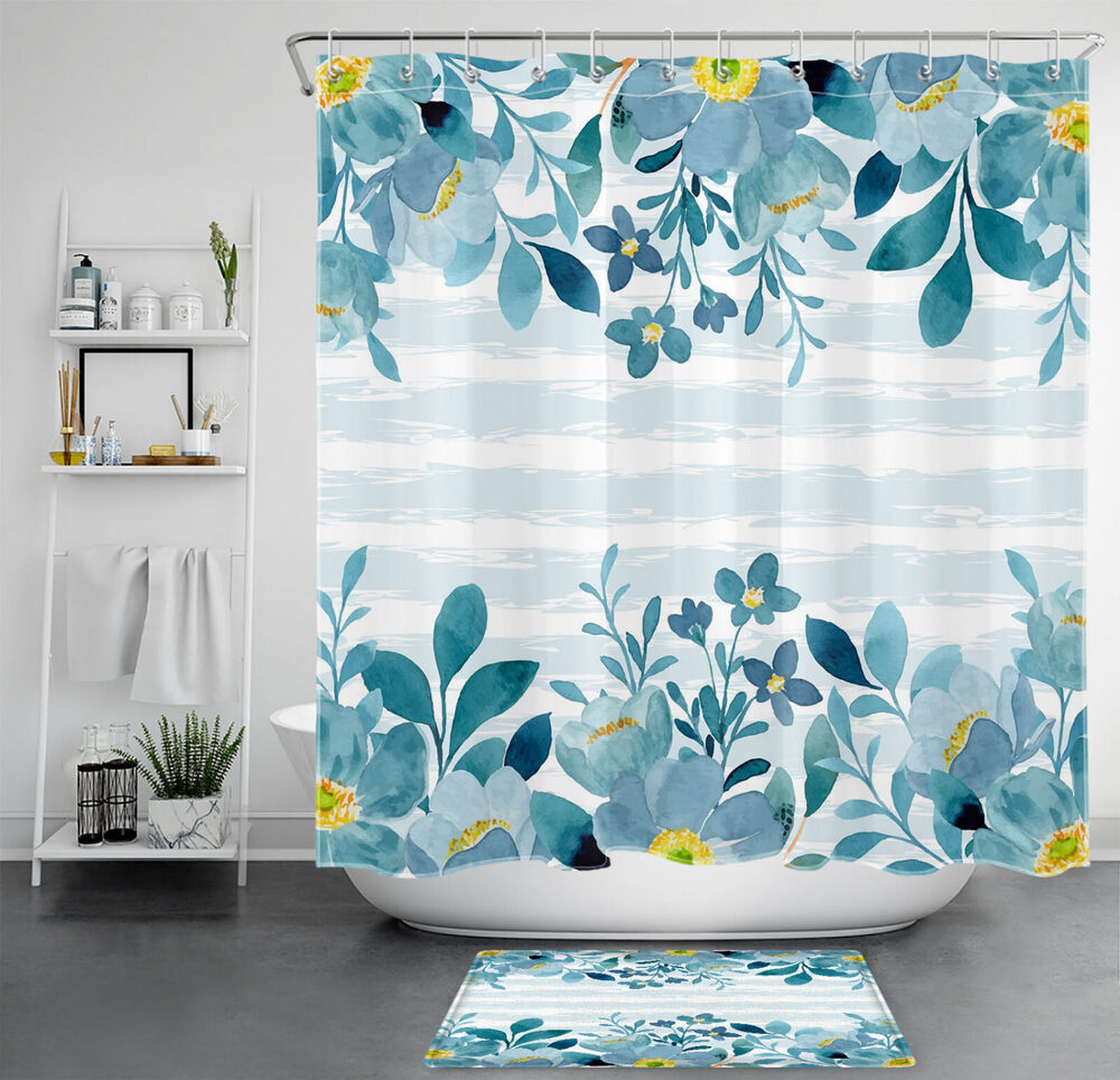 Teal Blue Botanical Leaf Yellow Floral Shower Curtain Set for Bathroom