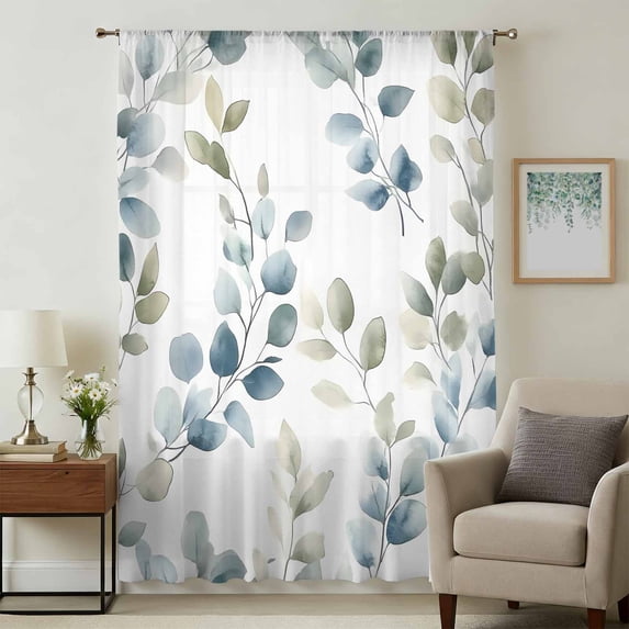 Teal Blue Botanical Sheer Curtains 54 Inches Long, Eucalyptus Leaves Watercolor Summer Light Filering Curtains, Breathable Simi Curtain Privacy Drapes for Kitchen Bathroom Small Window Treatment