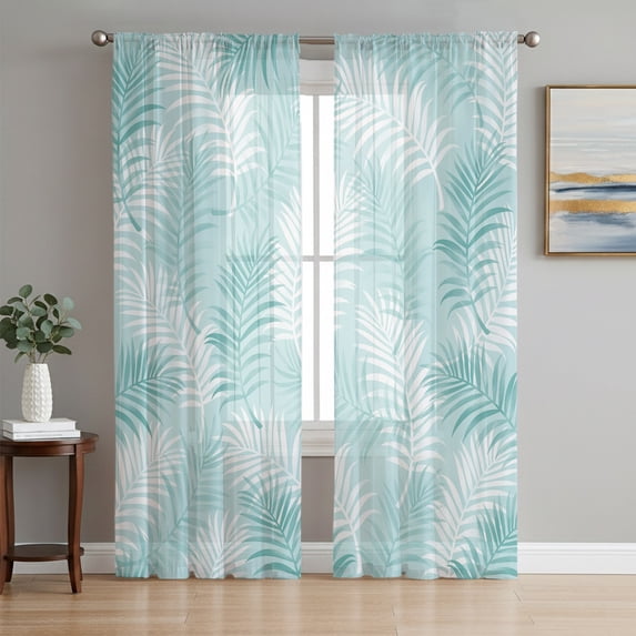 Teal Blue Botanical Sheer Curtains 96 Inch Length 2 Panels Set, Summer Palm Leaves Foliage Tropical Voile Window Treatment Semi Sheer Long Curtains Drapes for Bedroom/Living Room/Kitchen 52"x96"x2