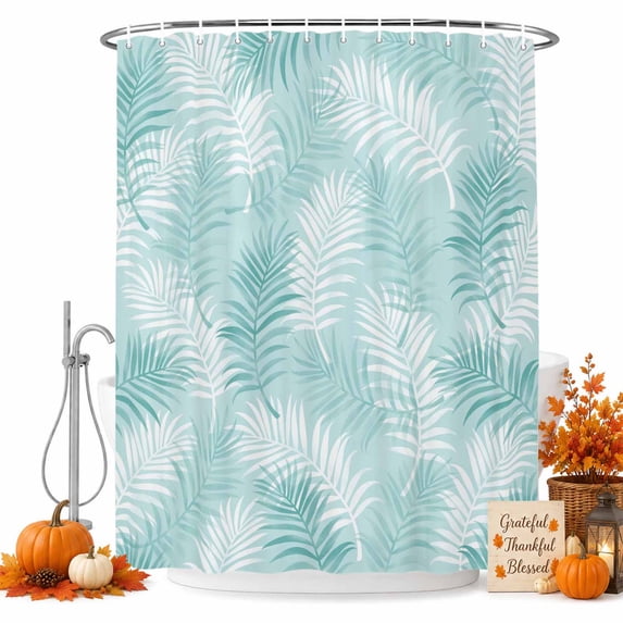 Teal Blue Botanical Shower Curtain, Waterproof Shower Curtains for Bathroom, Summer Palm Leaves Foliage Tropical Washable Fabric Bathtub Curtain Set Bath Decor with 12 Hooks 72"x78"